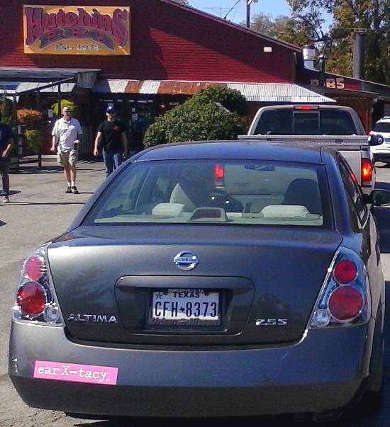 In line at the drive thru at Hutchins BBQ, rocking my earX-tacy bumper sticker from the famous record store in the East End of Louisville, KY.