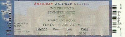 Ticket stub for the Jennifer Lopez and Marc Anthony concert at American Airlines Center in Dallas, TX in 2007.  Keywords: J-Lo and Mark Anthony.