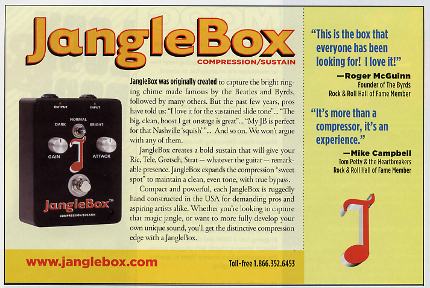 Ad for the JangleBox Compression / Sustain guitar effects pedal, copied from the October 2008 issue of Premier Guitar magazine.