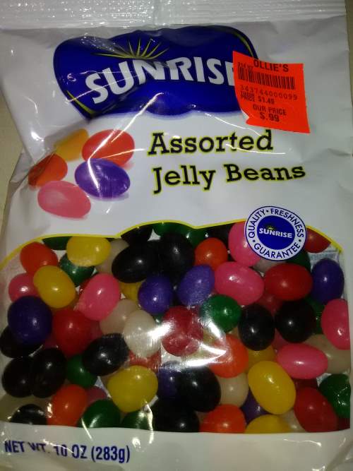 Photo of a bag of Sunrise brand assorted jelly beans, including a large number of black licorice jelly beans.