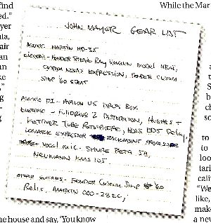 From Guitar One Magazine June 2002 issue, here's a list of the gear used by guitarist John Mayer, including the Hughes and Kettner Tube Rotosphere Leslie Speaker Cabinet emulator and a Fender Stevie Ray Vaughan model Strat.