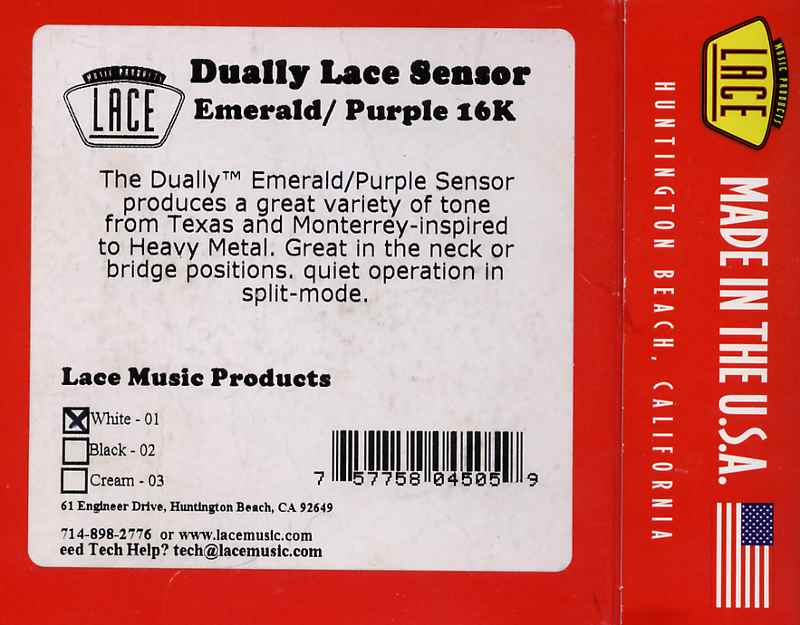 Image of the packaging of a USA made Lace Dually Emerald/Purple Sensor type pickup which is controlled by a 3-way toggle coil tap switch located just above the 3-way pickup selector switch on my Squer Cyclone electric guitar.  In any of the single coil modes it mixes with the neck pup far better than the stock Fender 2-wire humbucker pickup.