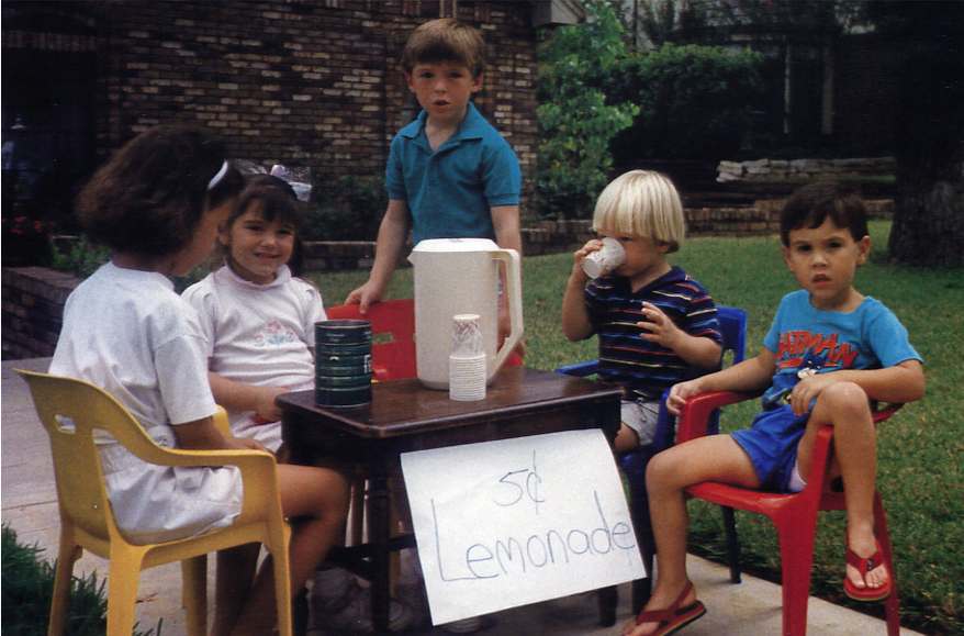 A pic of a lemonade stand in Windview Estae in Colleyville, Texas being worked by Maxwell children Jessica, A.J., and Thomas, along with my children Brittany and Marshall.
