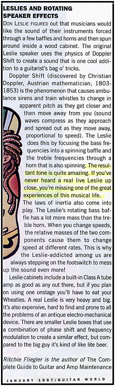Sample of article from January 1997 issue of Guitar World magazine where Ritchie Fliegle discusses the history and theory behind the echo effect, the reverb effect, and the use of the leslie Speaker with the guitar.  Fliegle is the author of The Complete Guide to Guitar and Amp Maintenance.