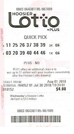 A quick pick ticket from the Hoosier Lotto Plus drawing