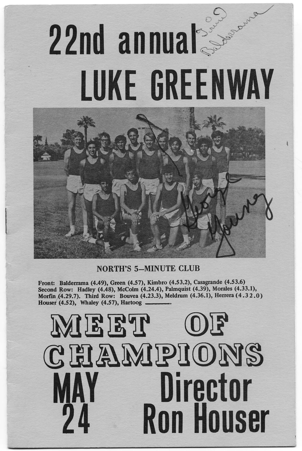 The cover of the bulletin for the annual Luke Greenway Track Meet, featuring the North High 5-minute mile club members, and signature by teammate Trini Balderrama and USA Olympic Team Member George Young.