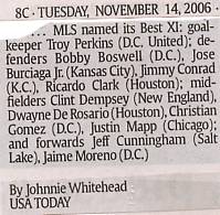 Image Credit:  USA Today Daily Newspaper, Tuesday November 14, 2006, page 8C, from article by Johnnie Whitehead titled "Dempsey-Revolution split likely"