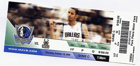 Ticket of the NBA basketball game between our Dallas Mavericks and the Milwaukee Bucks on Thursday October 19, 2006.