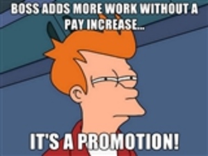 My "It's a Promotion!" meme about getting assigned more responsibility and accountability at work but without a pay increase.