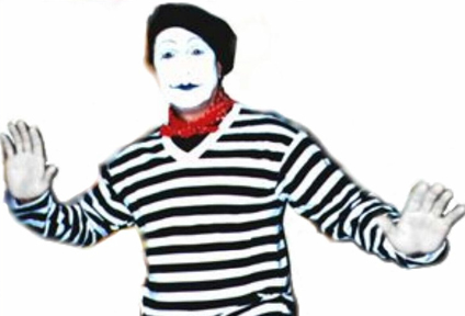 Pic of a mime wearing white makeup and gloves, with a red scarf adding color.
