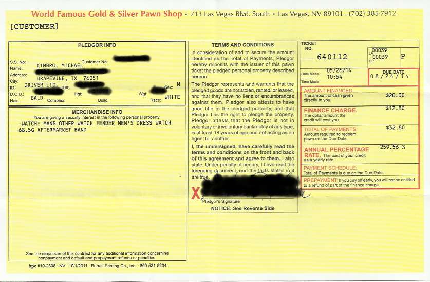 A genuine pawn ticket from the Gold & Silver Pawn of Las Vegas, NV, home of the Pawn Stars.