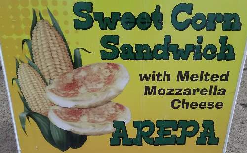 Sign for the sweet corn sandwich by Arepa which was being sold on the midway at the 2017 Kentucky State Fair in Louisville, KY.