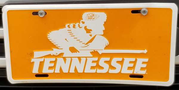 Image is a Tennessee Volunteer license plate photographed by the author on a Toyota SUV found in Jeffersonville, Indiana.