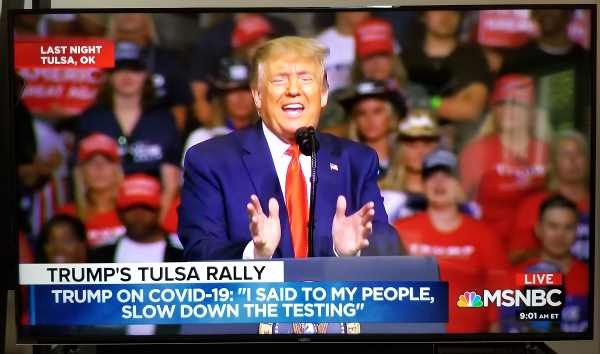 Image from MSNBC from the Tulsa, OK campaign rally showing Trump's desire for reducing tests for COVID-19.