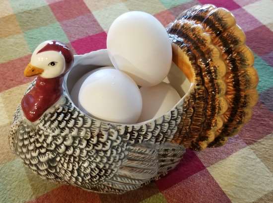 Pic of a Turkey Gravy Boat containing numerous chicken eggs.