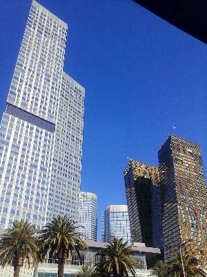 Note the incredible architechture of City Center Las Vegas, including the Veer Towers, the Aria Casino, and the Mandrin Oriental Resort Hotel on Las Vegas Blvd.