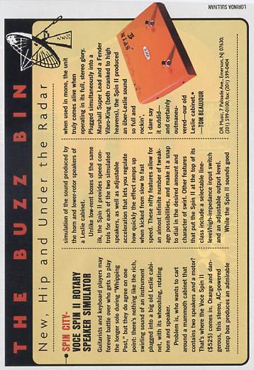 Review of the Voce Spin II Rotary Speaker Simulator from Guitar World magazine February 2000 issue, Voce Spin 2 leslie speaker emulator