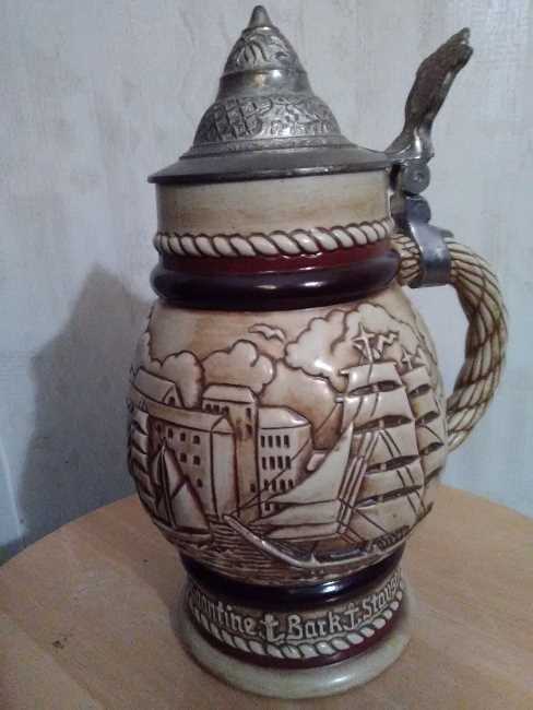 Photo of a beer stein by Avon which celebrates big sailing ships including the clipper ships.