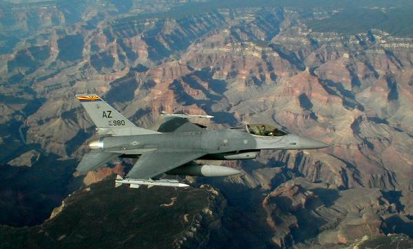 A photo of The Grand Canyon taken from an airplane.  The jet fighter is likely from the Arizona Air National Guard.