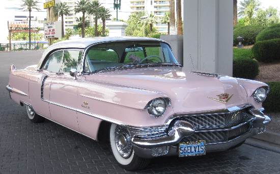 Pic of the pink 1956 Cadillac driven by the Elvis impersonator who frequents the Westgate Resort on Paradise Road in Las Vegas, Nevada.  Note the 56ELVIS license plate.