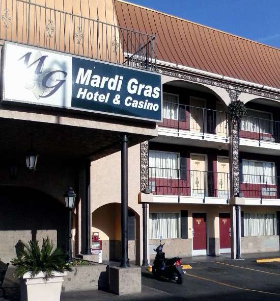 The front of the Mardi Gras Hotel & Casino on Paradise Rd in Las Vegas, Nevada .