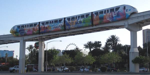Photo of the Las Vegas Monorail which runs from the SLS Resort at the North end to the MGM Grand Resort at the south end.