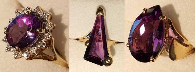 Photo of three gold rings with the gemstone amethyst.  The photographer is Parker Tadlock of Southlake, Texas, a student at Baylor University.
