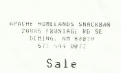 A receipt heading from the dinner enjoyed at the Apache Homelands Casino in Deming, New Mexico.