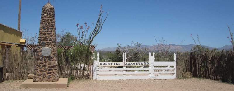 Tombstone's Boothill Graveyard with Arizona's Dragoon Mountains in the background, in which can be found several Arizona ghost towns as well as the Cochise Stronghold Memorial Park near Mount Glenn.