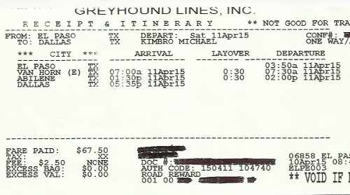 My Greyhound Bus Lines itinerary from my trip from El Paso, TX to Fort Worth, TX.