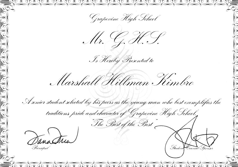 Mr. G.H.S. award certificate for Grapevine High School.