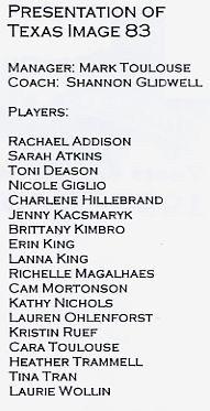 Roster of the Texas Image 83 Girls Club Soccer Team for 2000-2001 Season...taken from the Club Banquet Handout on April 8, 2001:  Rachael Addison, Sarah Atkins, Toni Deason, Nicole Giglio, Charlene Hillebrand, Jenny Kacsmaryk, Britt, Erin King, Erin King, Lanna King, Richelle Magalhaes, Cam Mortonson, Kathy Michols, Lauren Ohlenforst, Kristin Ruef, Cara Toulouse, Heather Trammell, Tina Tran, Laurie Wollin, Coach Shannon Glidwell