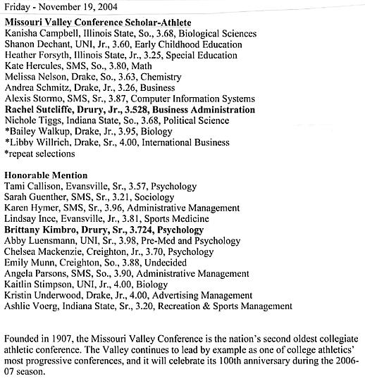 Missouri Valley Conference Scholar-Athlete Awards for 2004
